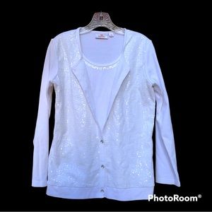 Quacker Factory White Cardigan Blouse with Sequin Front Size Small